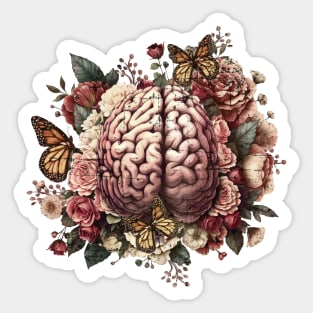 Brain with flowers, psychology, mental health, front brain, vintage grunge distressed effect Sticker